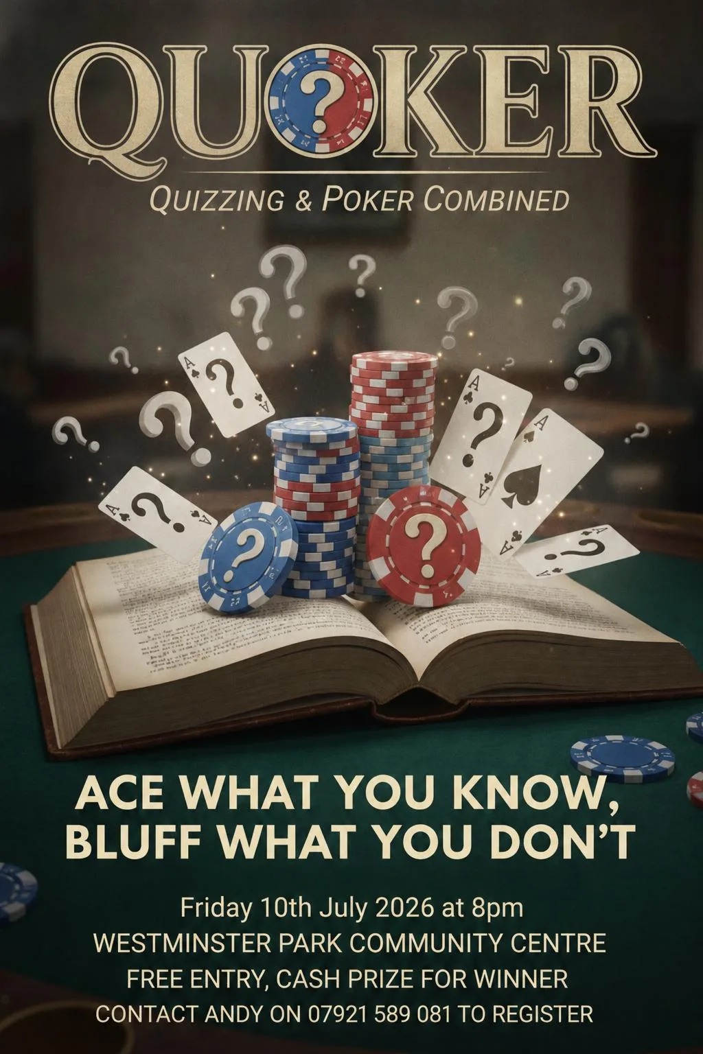 Quoker launch poster: poker chips and aces rising from an open book on a card table